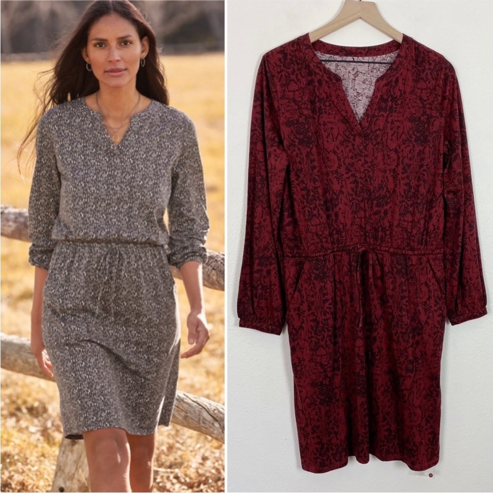 Garnet Hill Ines Blouson Knit Dress Red Black Animal Print Tie Waist L Large